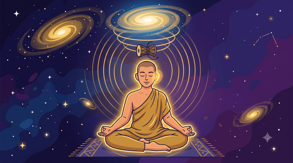A serene meditating figure with a glowing golden aura, a small damaru drum floating above the head with rings of sound expanding into a spiral galaxy