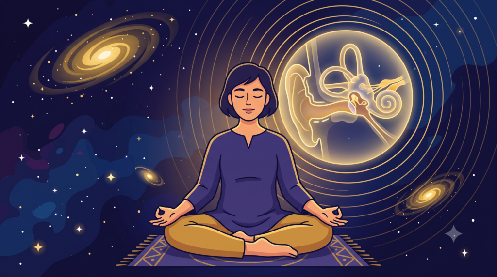 A meditating figure beside a glowing diagram of the inner ear's vestibular system, surrounded by galaxies, representing Shabda and phenomenological gravity