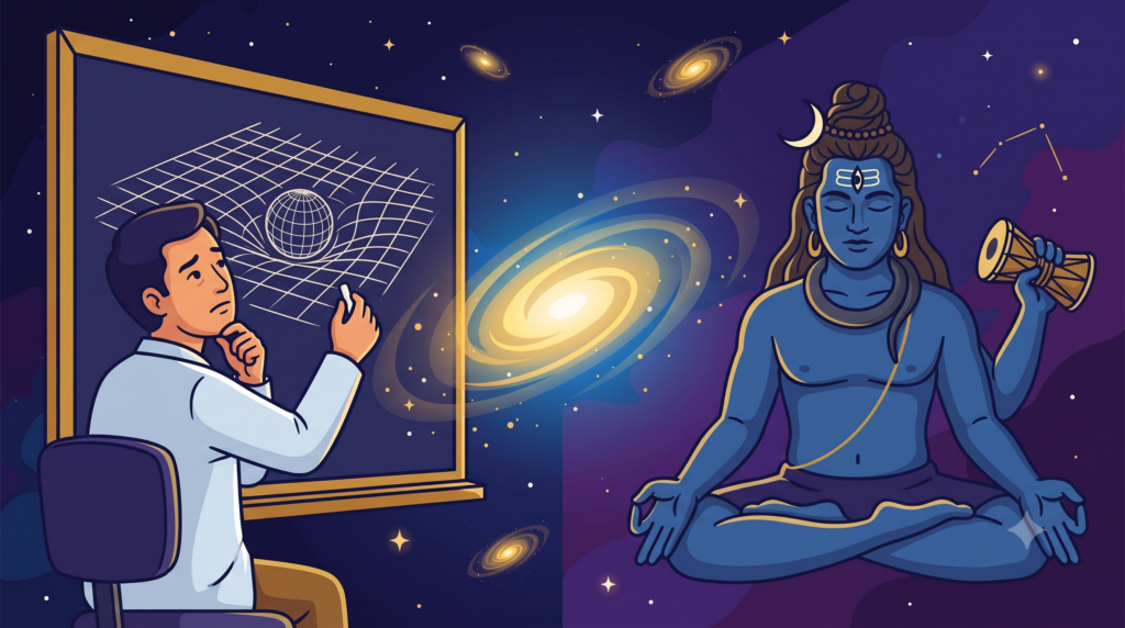 A scientist drawing spacetime curvature on a chalkboard beside a meditating blue skinned figure of Mahakala holding a damaru drum, connected by a glowing spiral galaxy